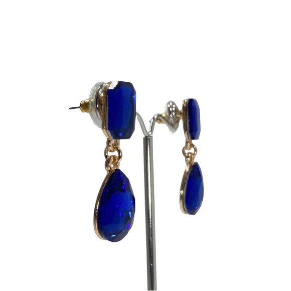 Gold and Royal Blue Crystal Dangle Earrings - Picture 3 of 4